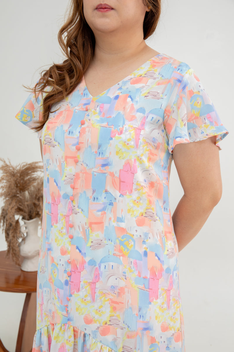 Asymmetrical Frills Midi Dress (Santorini Pink)