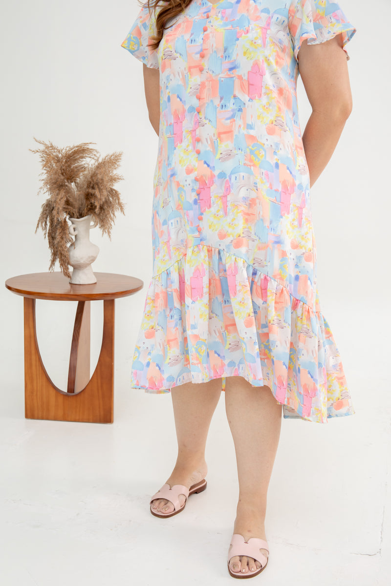 Asymmetrical Frills Midi Dress (Santorini Pink)