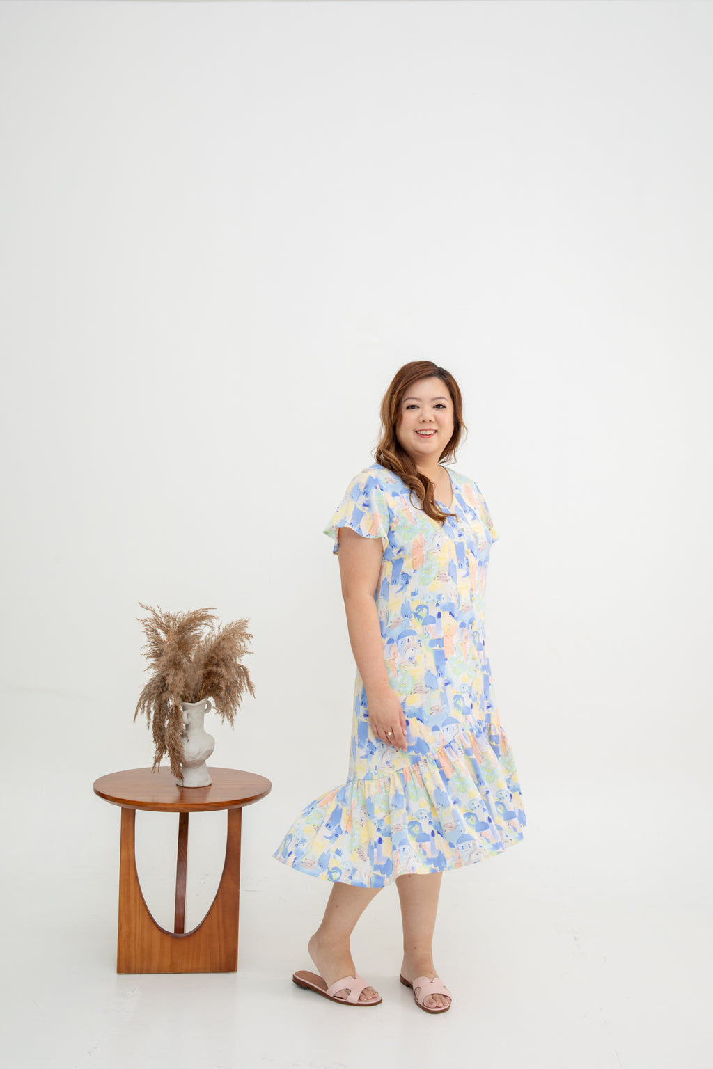Asymmetrical Frills Midi Dress (Santorini Blue)