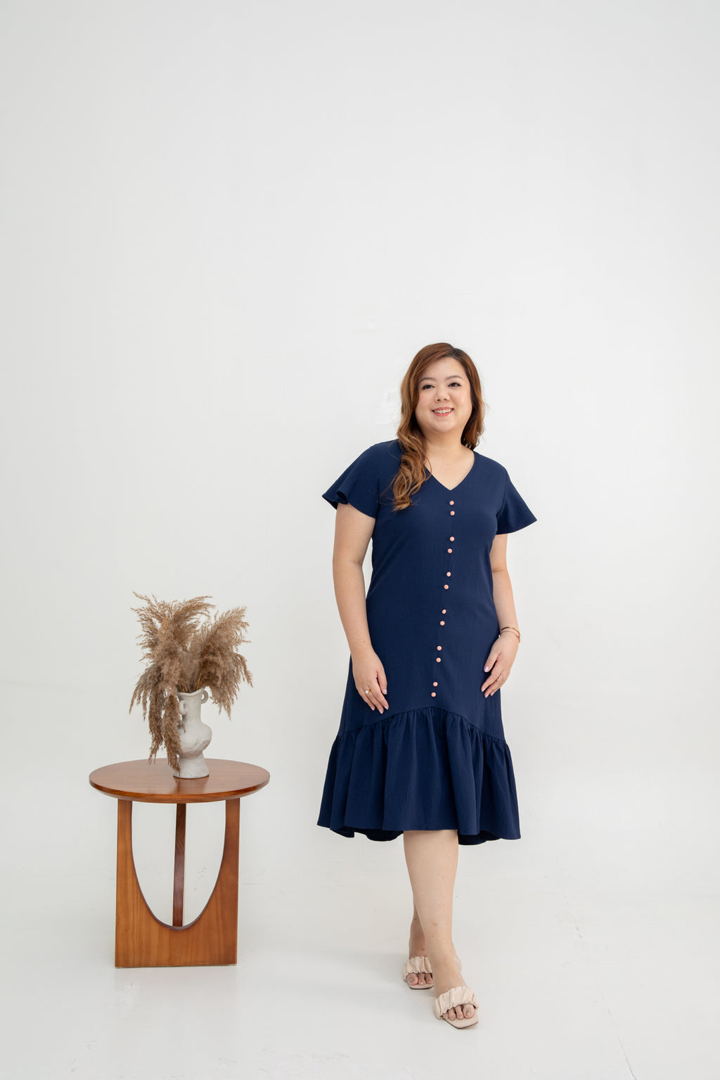 Asymmetrical Frills Midi Dress (Navy)