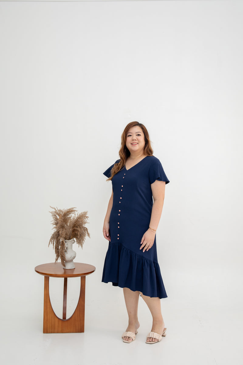 Asymmetrical Frills Midi Dress (Navy)