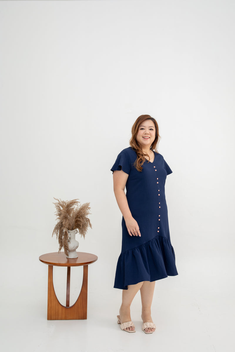 Asymmetrical Frills Midi Dress (Navy)