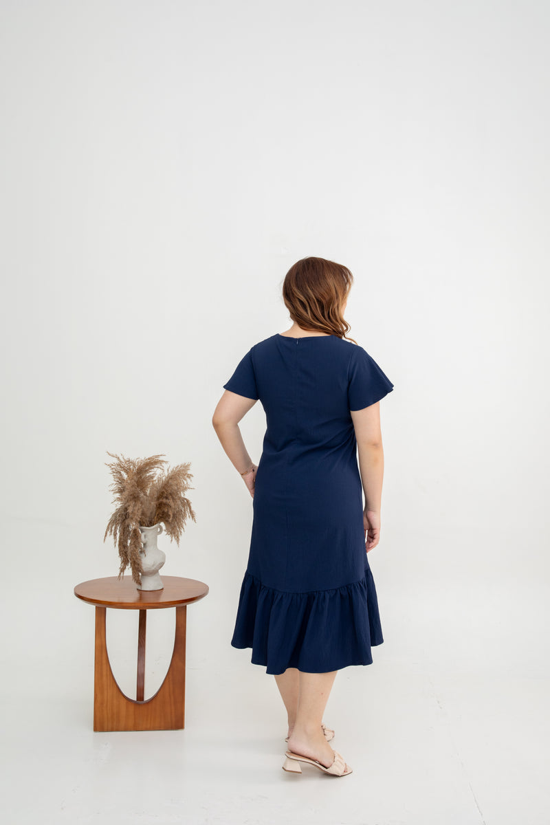 Asymmetrical Frills Midi Dress (Navy)