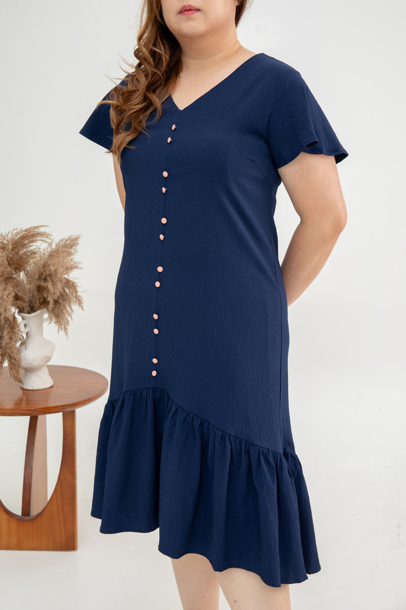 Asymmetrical Frills Midi Dress (Navy)