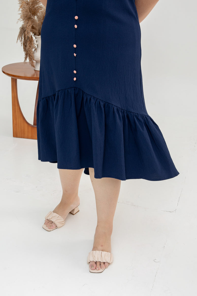 Asymmetrical Frills Midi Dress (Navy)