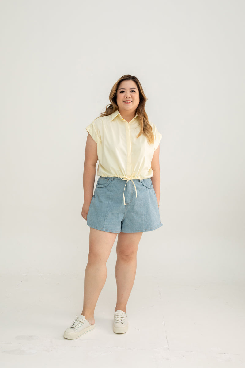 Drawstring Short Sleeve Boxy Shirt (Yellow)