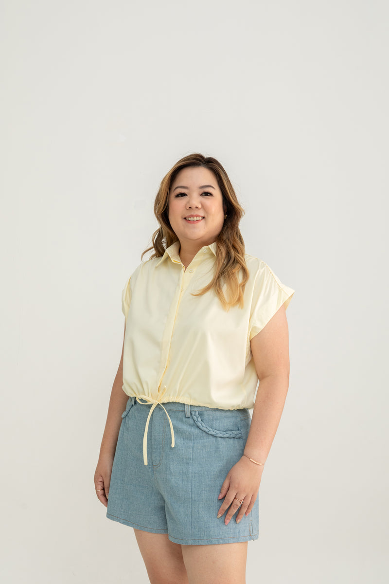 Drawstring Short Sleeve Boxy Shirt (Yellow)