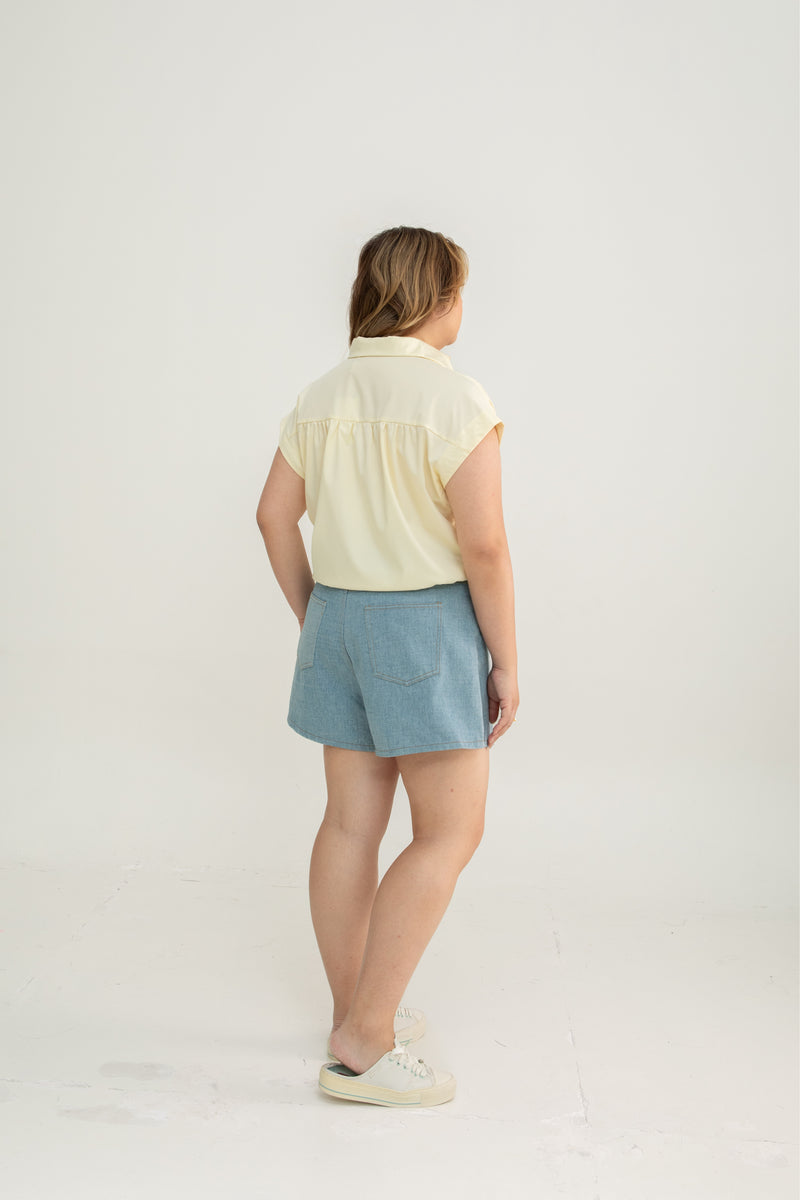 Drawstring Short Sleeve Boxy Shirt (Yellow)