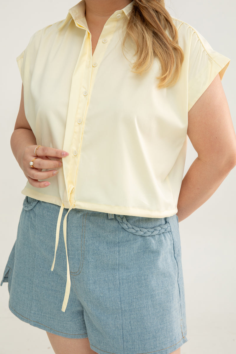 Drawstring Short Sleeve Boxy Shirt (Yellow)