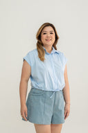 Drawstring Short Sleeve Boxy Shirt (Light Blue)