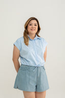 Drawstring Short Sleeve Boxy Shirt (Light Blue)