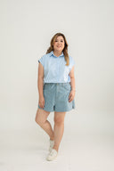 Drawstring Short Sleeve Boxy Shirt (Light Blue)