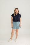 Drawstring Short Sleeve Boxy Shirt (Navy)