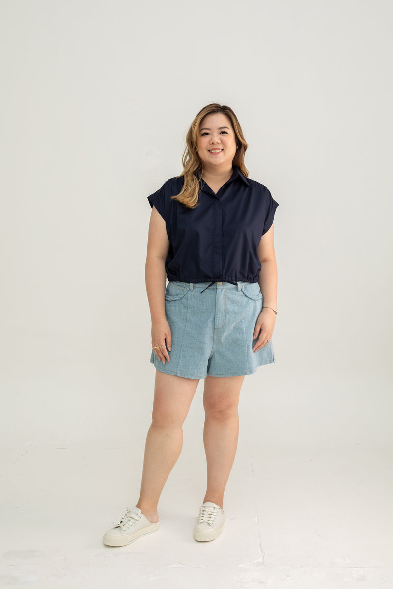 Drawstring Short Sleeve Boxy Shirt (Navy)