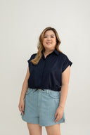 Drawstring Short Sleeve Boxy Shirt (Navy)