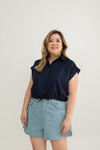 Drawstring Short Sleeve Boxy Shirt (Navy)