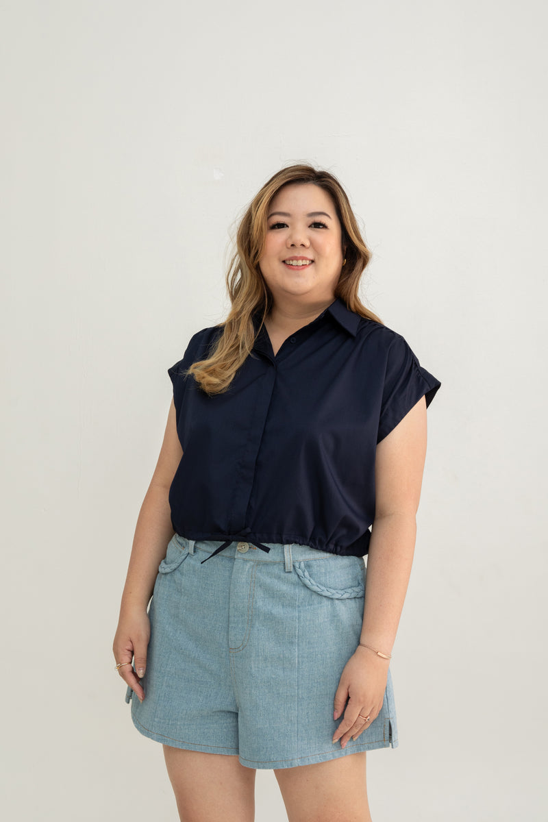 Drawstring Short Sleeve Boxy Shirt (Navy)