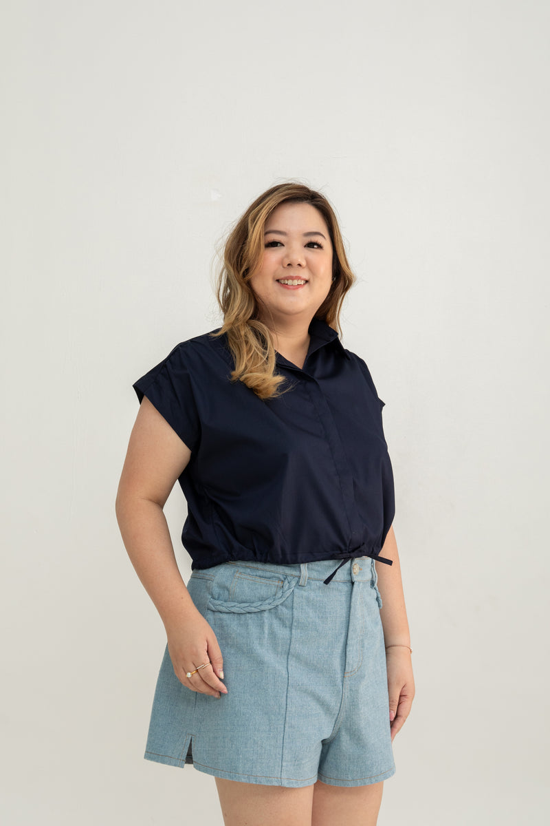Drawstring Short Sleeve Boxy Shirt (Navy)
