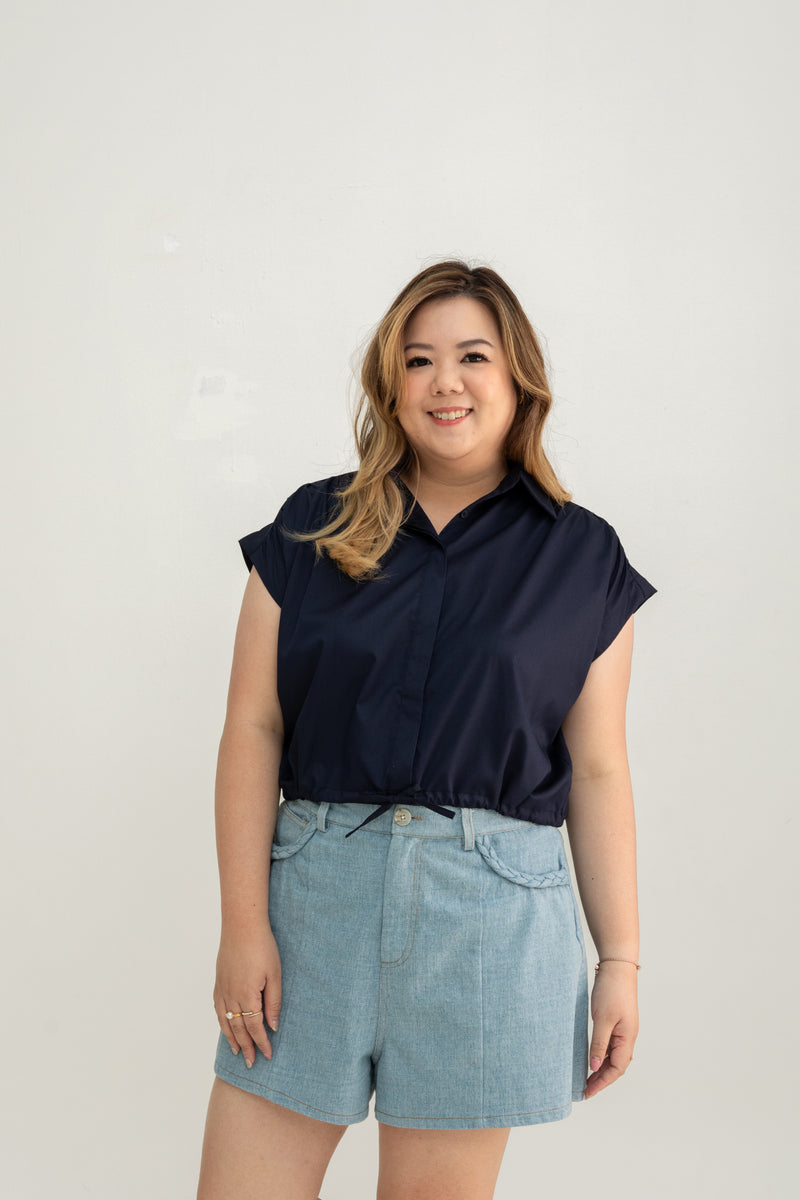 Drawstring Short Sleeve Boxy Shirt (Navy)