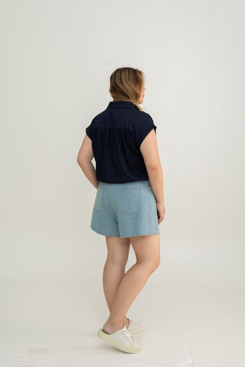 Drawstring Short Sleeve Boxy Shirt (Navy)