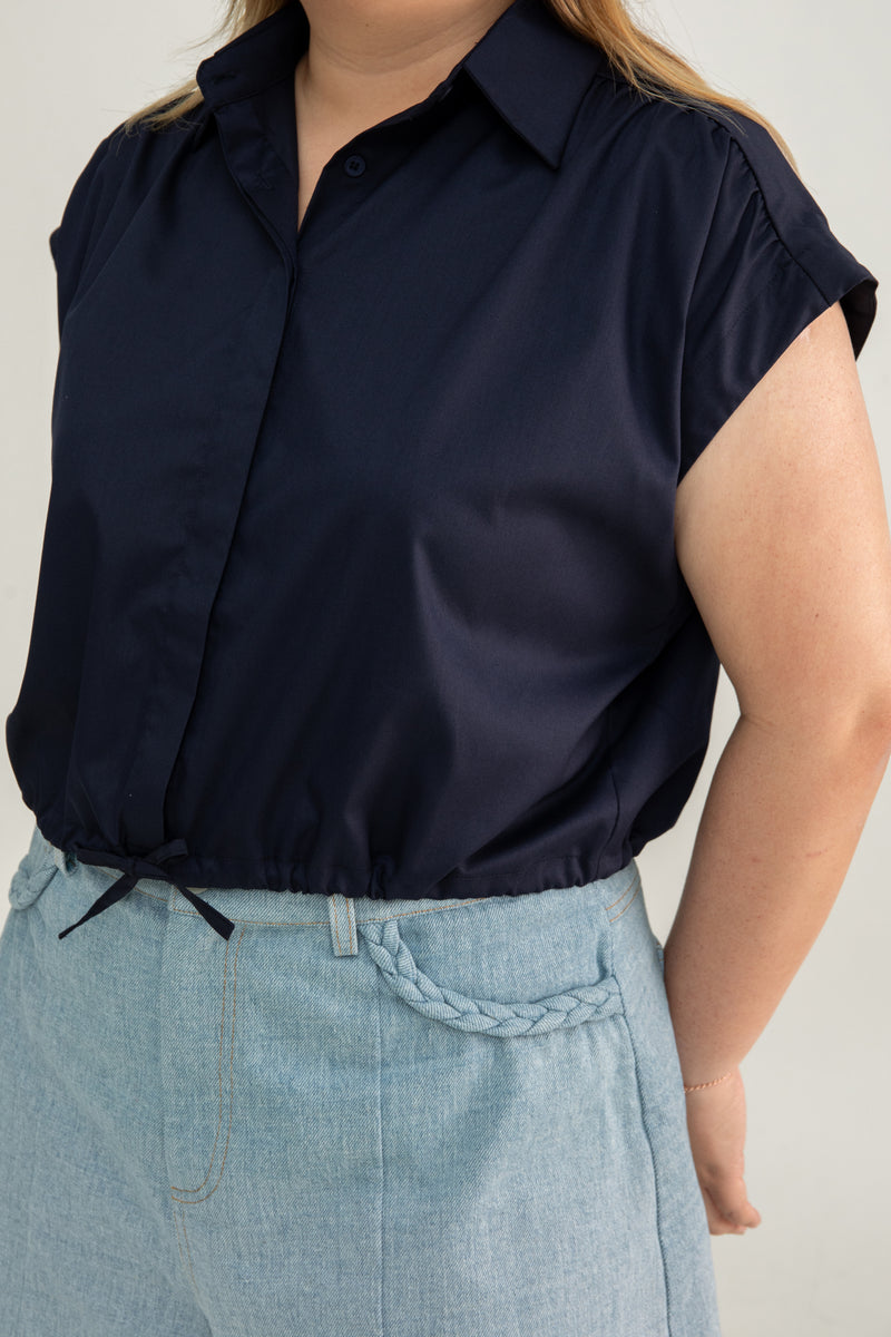 Drawstring Short Sleeve Boxy Shirt (Navy)