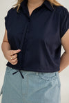 Drawstring Short Sleeve Boxy Shirt (Navy)