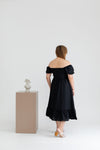 Ruched Bodice Side Slit Zip Midi Dress (Black)