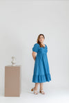 Ruched Bodice Side Slit Zip Midi Dress (Blue)
