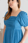 Ruched Bodice Side Slit Zip Midi Dress (Blue)