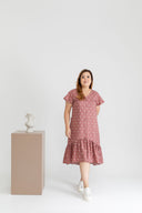 Asymmetrical Frills Midi Dress (Pink Polka Dots)