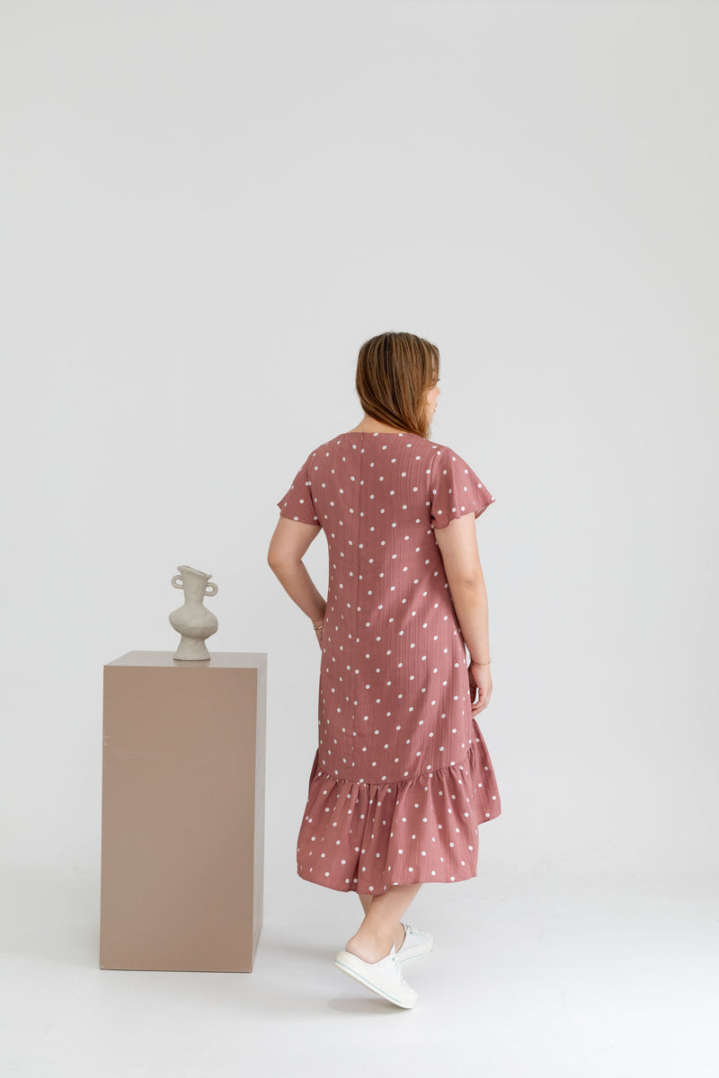 Asymmetrical Frills Midi Dress (Pink Polka Dots)