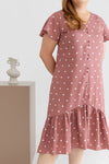 Asymmetrical Frills Midi Dress (Pink Polka Dots)