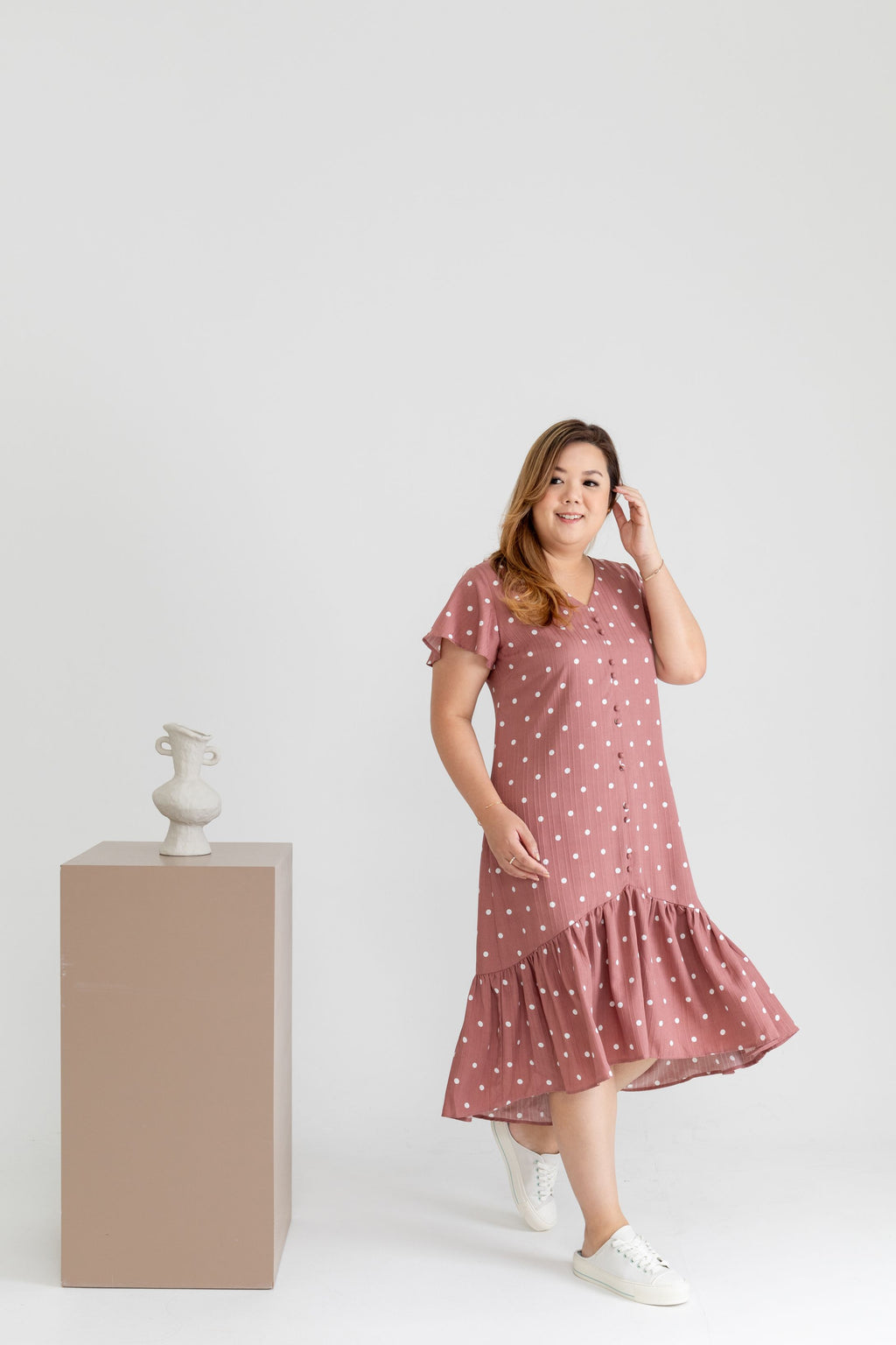 Asymmetrical Frills Midi Dress (Pink Polka Dots)