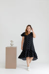 Asymmetrical Frills Midi Dress (Black Polka Dots)