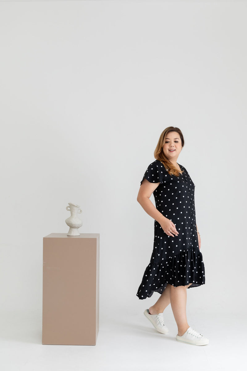 Asymmetrical Frills Midi Dress (Black Polka Dots)