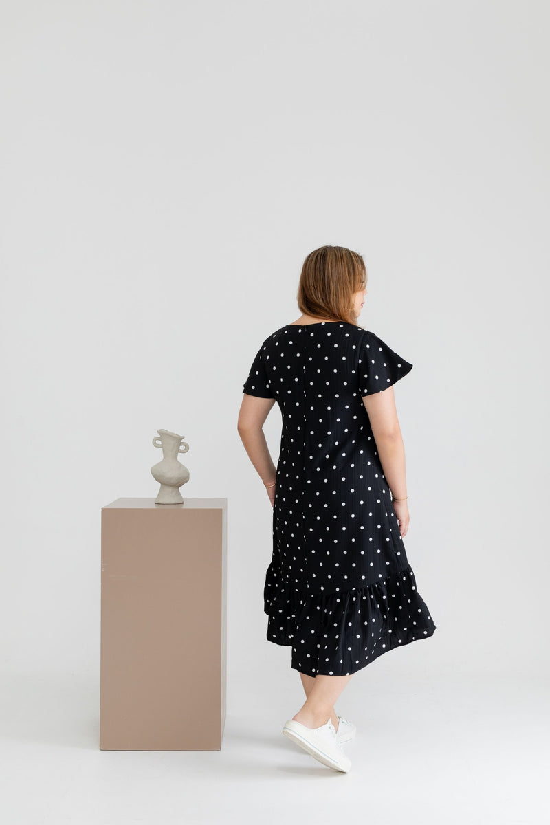 Asymmetrical Frills Midi Dress (Black Polka Dots)