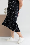 Asymmetrical Frills Midi Dress (Black Polka Dots)
