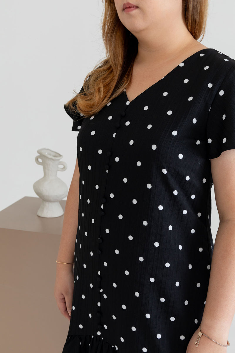 Asymmetrical Frills Midi Dress (Black Polka Dots)