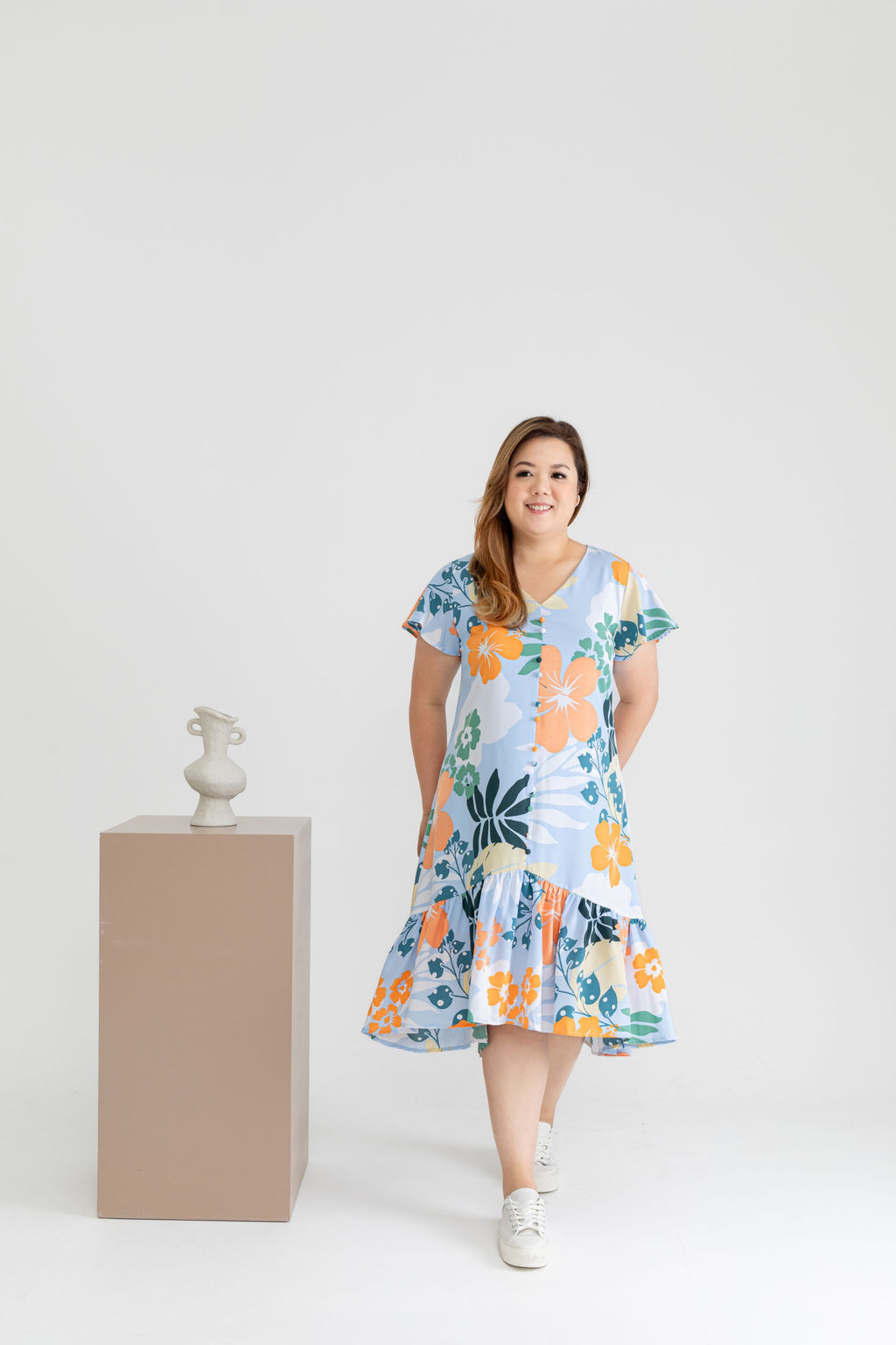 Asymmetrical Frills Midi Dress (Tropical)