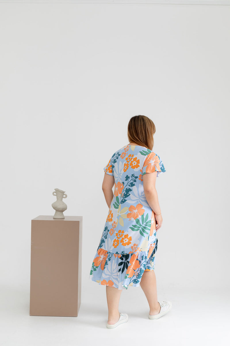 Asymmetrical Frills Midi Dress (Tropical)