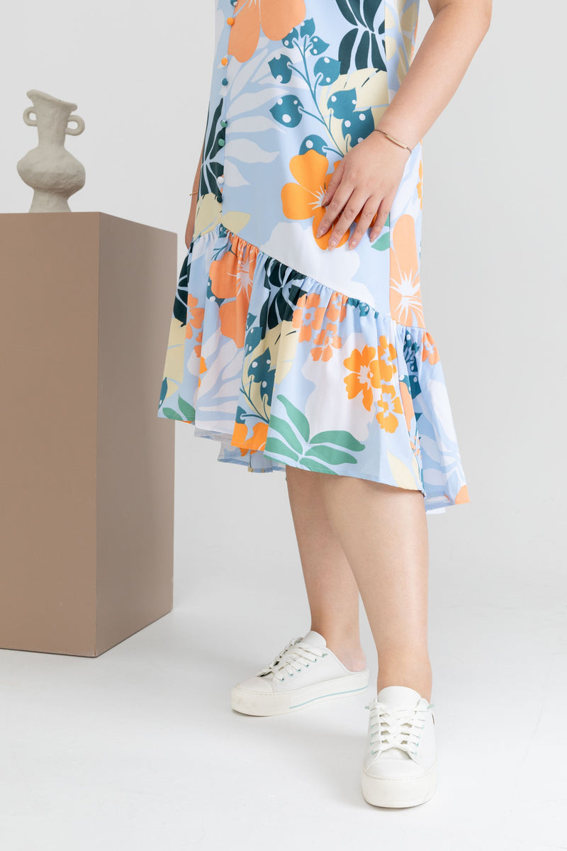 Asymmetrical Frills Midi Dress (Tropical)