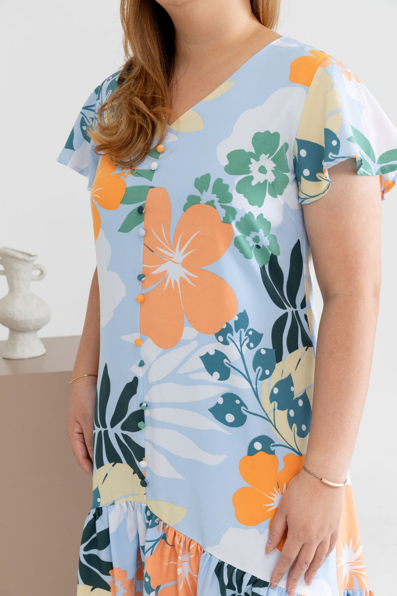 Asymmetrical Frills Midi Dress (Tropical)