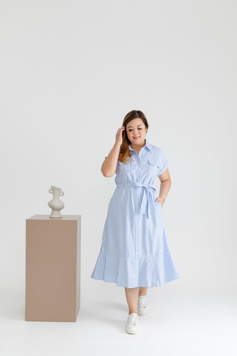 Stripes Front Button Midi Shirt Dress (Blue)