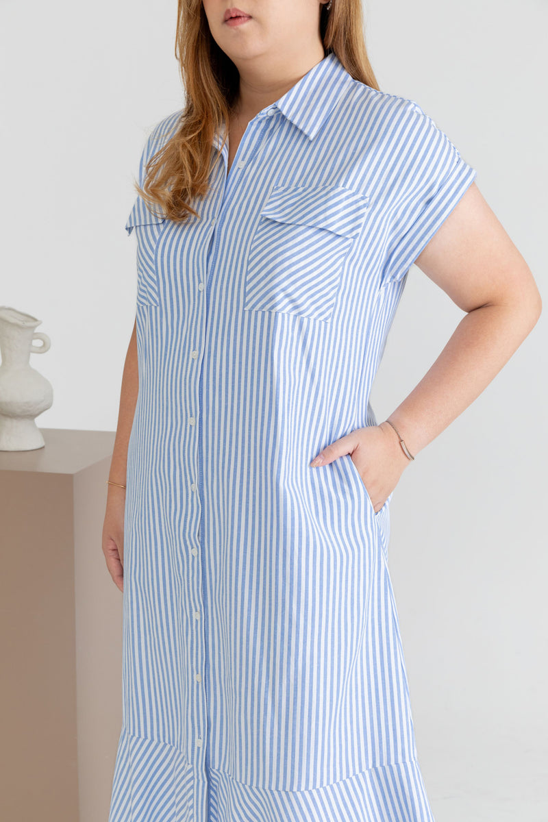 Stripes Front Button Midi Shirt Dress (Blue)