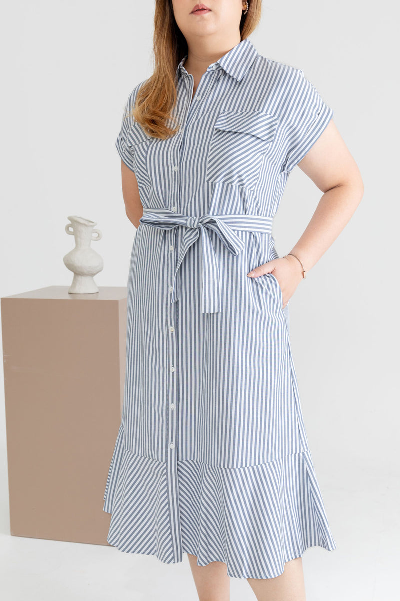 Stripes Front Button Midi Shirt Dress (Grey)