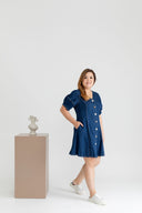 Front Button Denim Skater Dress (Dark Wash)