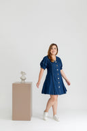 Front Button Denim Skater Dress (Dark Wash)
