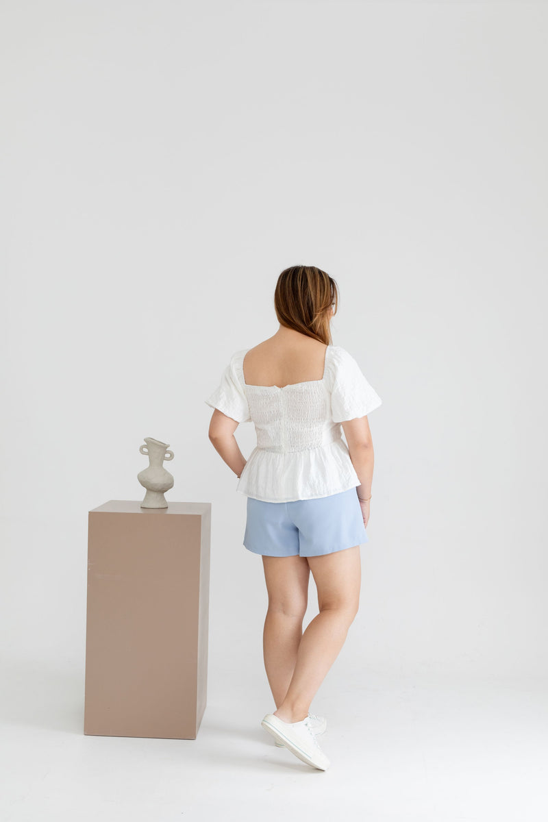 Textured Smocked-back Peplum Top (White)