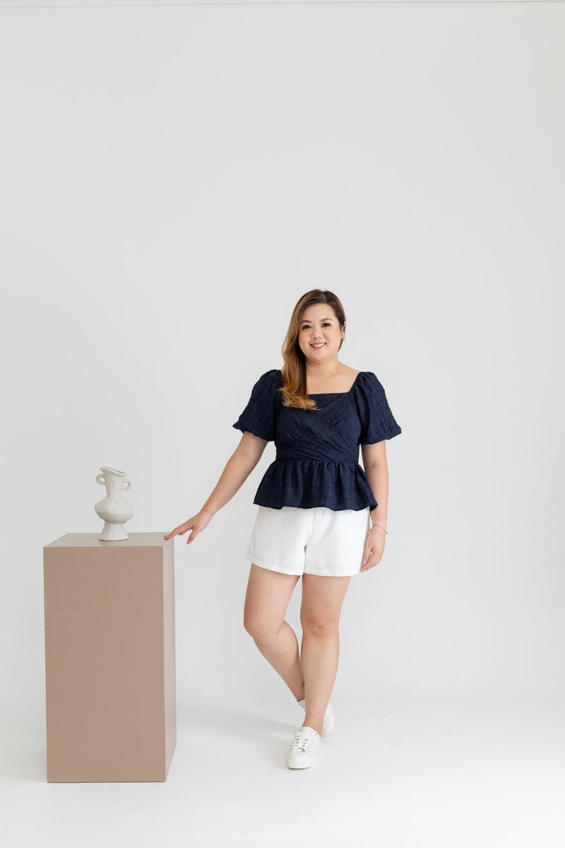 Textured Smocked-back Peplum Top (Navy)