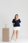 Textured Smocked-back Peplum Top (Navy)